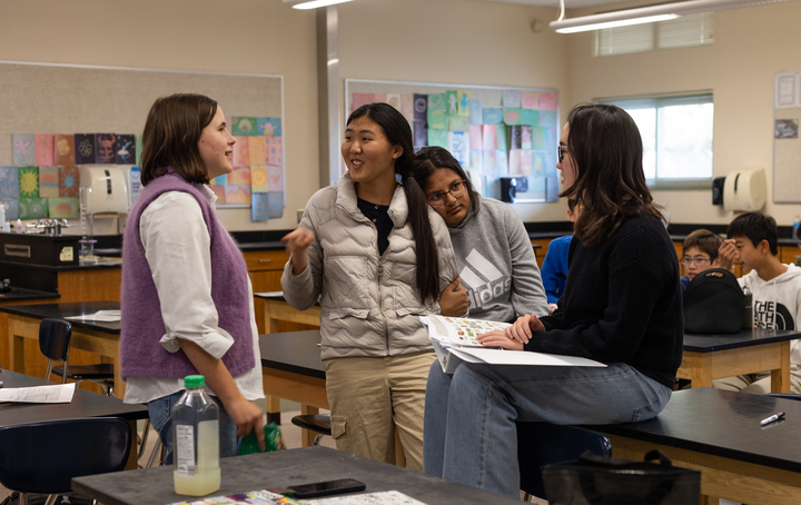 Small group discussion-Darah Katz, Rasia Yu, Jhanvi Damarla, and Allie Jackson (from left to right) discusses about plants after the presentation. Rasia Yu, the co-president of the Biology club said they have more events planned for next semester, "I want to do a lot more labs, and we actually have a few that's already planned," Rasia Yu said.