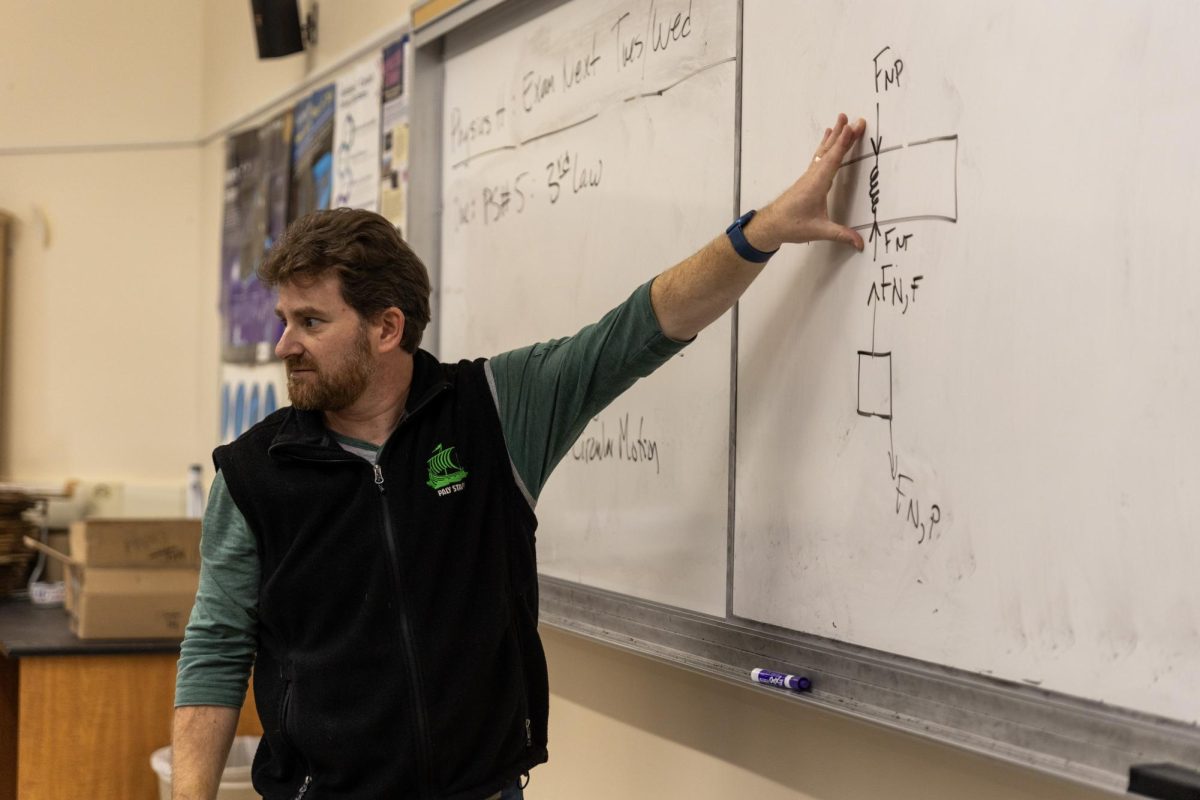 THE FORCE AWAKENS — Paly science teacher Joshua Bloom explains a free-body diagram to students taking physics